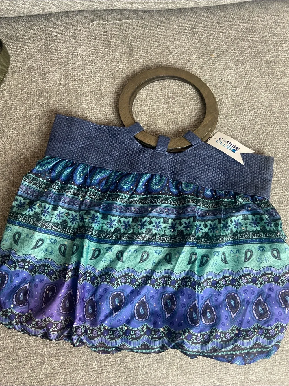Blue & Teal Patterned Satchel with Wooden Handle - Cruise Club